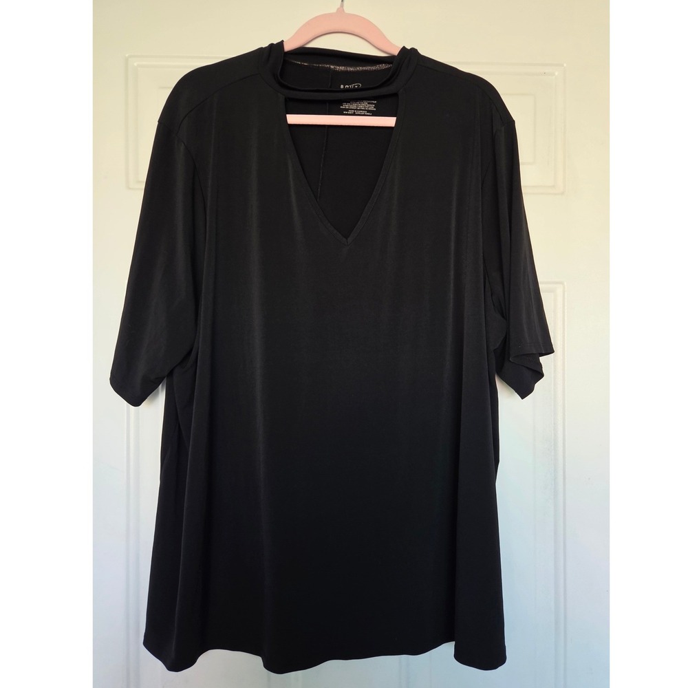 Boutique+ Women 3X Black Choker Neck V-Neck Cutout Short Sleeve Blouse Top